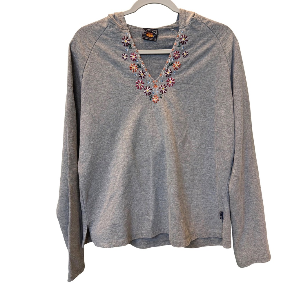 Vintage Route 66 Gray Floral Embroidered V-Neck Hoodie XL 90s Boho Western